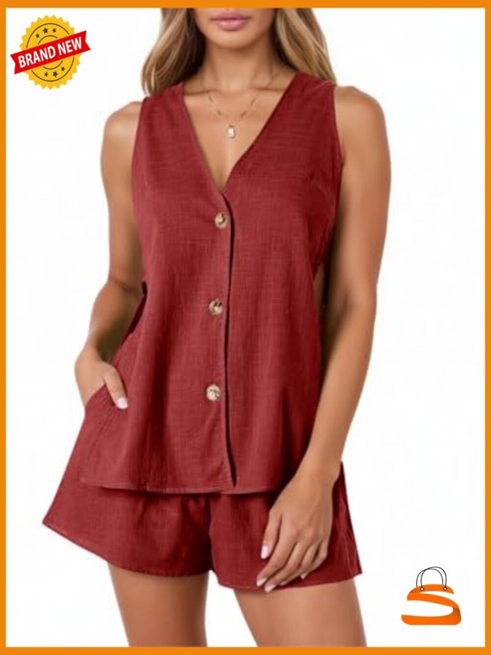 Women's 2 Piece Short Set: Tank Top & Shorts, V Neck Button Down, Summer - Picture 2 of 4